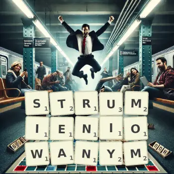 Kreatywna ilustracja do gry w Scrabble ze słowem STRUMIENIOWANYM ułożonym z płytek na planszy.