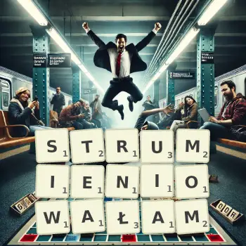 Kreatywna ilustracja do gry w Scrabble ze słowem STRUMIENIOWAŁAM ułożonym z płytek na planszy.