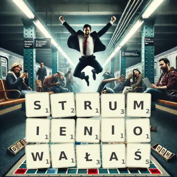 Kreatywna ilustracja do gry w Scrabble ze słowem STRUMIENIOWAŁAŚ ułożonym z płytek na planszy.