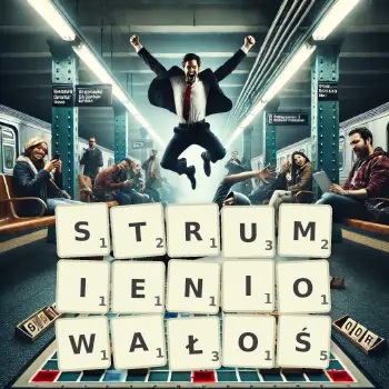 Kreatywna ilustracja do gry w Scrabble ze słowem STRUMIENIOWAŁOŚ ułożonym z płytek na planszy.