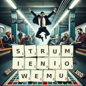 Kreatywna ilustracja do gry w Scrabble ze słowem STRUMIENIOWEMU ułożonym z płytek na planszy.