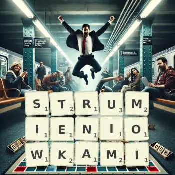 Kreatywna ilustracja do gry w Scrabble ze słowem STRUMIENIOWKAMI ułożonym z płytek na planszy.