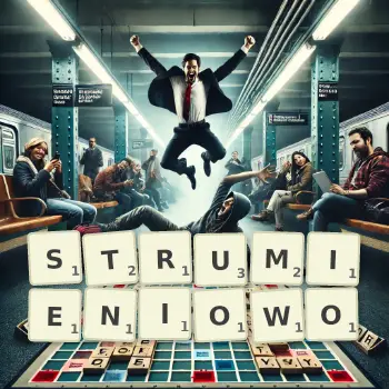 Kreatywna ilustracja do gry w Scrabble ze słowem STRUMIENIOWO ułożonym z płytek na planszy.