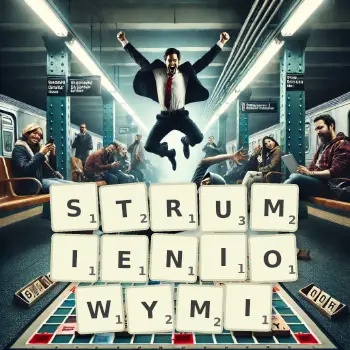 Kreatywna ilustracja do gry w Scrabble ze słowem STRUMIENIOWYMI ułożonym z płytek na planszy.