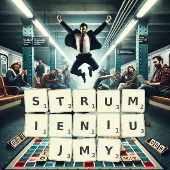 Kreatywna ilustracja do gry w Scrabble ze słowem STRUMIENIUJMY ułożonym z płytek na planszy.