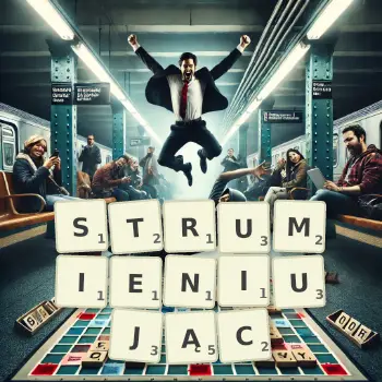 Kreatywna ilustracja do gry w Scrabble ze słowem STRUMIENIUJĄC ułożonym z płytek na planszy.