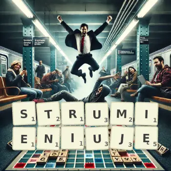 Kreatywna ilustracja do gry w Scrabble ze słowem STRUMIENIUJĘ ułożonym z płytek na planszy.