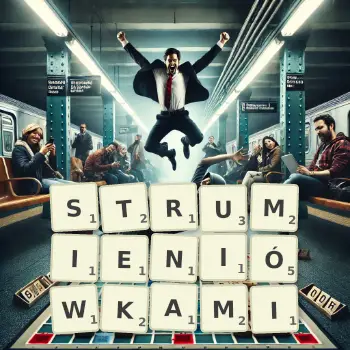 Kreatywna ilustracja do gry w Scrabble ze słowem STRUMIENIÓWKAMI ułożonym z płytek na planszy.