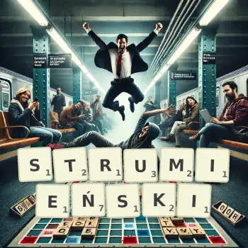 Kreatywna ilustracja do gry w Scrabble ze słowem STRUMIEŃSKI ułożonym z płytek na planszy.