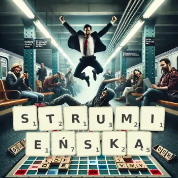Kreatywna ilustracja do gry w Scrabble ze słowem STRUMIEŃSKĄ ułożonym z płytek na planszy.