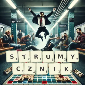 Kreatywna ilustracja do gry w Scrabble ze słowem STRUMYCZNIK ułożonym z płytek na planszy.