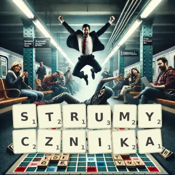 Kreatywna ilustracja do gry w Scrabble ze słowem STRUMYCZNIKA ułożonym z płytek na planszy.