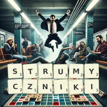Kreatywna ilustracja do gry w Scrabble ze słowem STRUMYCZNIKI ułożonym z płytek na planszy.
