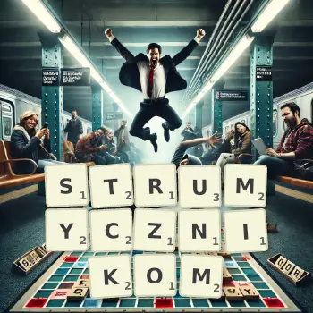 Kreatywna ilustracja do gry w Scrabble ze słowem STRUMYCZNIKOM ułożonym z płytek na planszy.