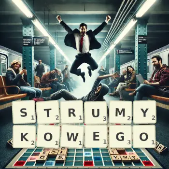 Kreatywna ilustracja do gry w Scrabble ze słowem STRUMYKOWEGO ułożonym z płytek na planszy.