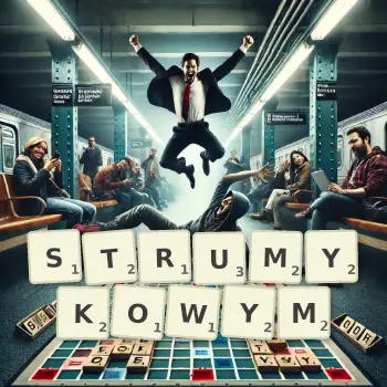 Kreatywna ilustracja do gry w Scrabble ze słowem STRUMYKOWYM ułożonym z płytek na planszy.