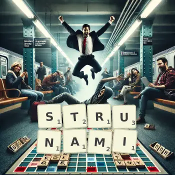 Kreatywna ilustracja do gry w Scrabble ze słowem STRUNAMI ułożonym z płytek na planszy.