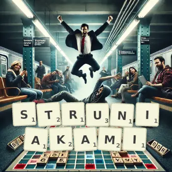 Kreatywna ilustracja do gry w Scrabble ze słowem STRUNIAKAMI ułożonym z płytek na planszy.
