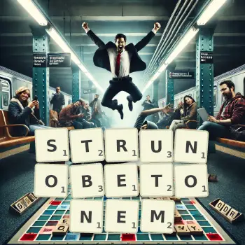 Kreatywna ilustracja do gry w Scrabble ze słowem STRUNOBETONEM ułożonym z płytek na planszy.