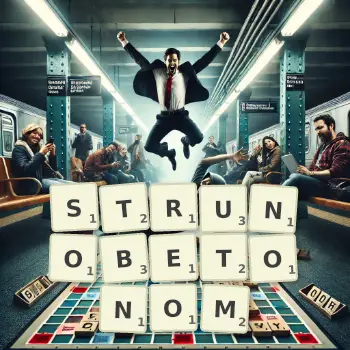 Kreatywna ilustracja do gry w Scrabble ze słowem STRUNOBETONOM ułożonym z płytek na planszy.