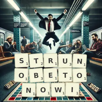 Kreatywna ilustracja do gry w Scrabble ze słowem STRUNOBETONOWI ułożonym z płytek na planszy.