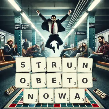 Kreatywna ilustracja do gry w Scrabble ze słowem STRUNOBETONOWĄ ułożonym z płytek na planszy.