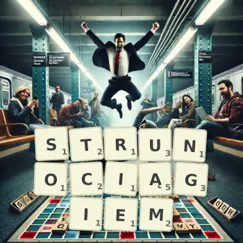 Kreatywna ilustracja do gry w Scrabble ze słowem STRUNOCIĄGIEM ułożonym z płytek na planszy.