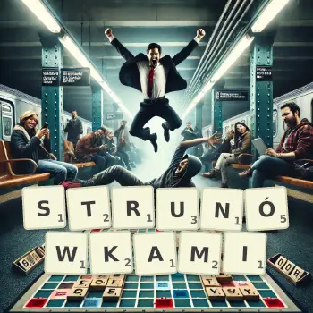 Kreatywna ilustracja do gry w Scrabble ze słowem STRUNÓWKAMI ułożonym z płytek na planszy.