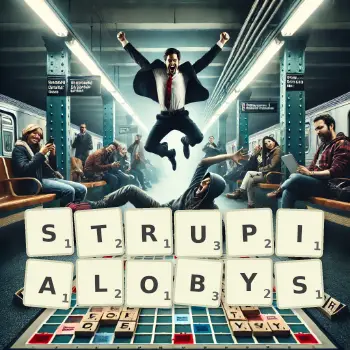 Kreatywna ilustracja do gry w Scrabble ze słowem STRUPIALOBYS ułożonym z płytek na planszy.