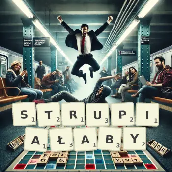 Kreatywna ilustracja do gry w Scrabble ze słowem STRUPIAŁABY ułożonym z płytek na planszy.