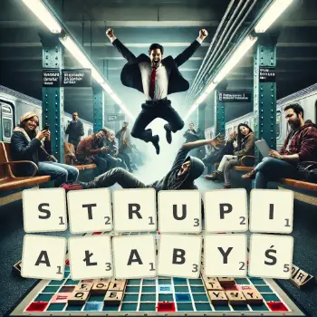 Kreatywna ilustracja do gry w Scrabble ze słowem STRUPIAŁABYŚ ułożonym z płytek na planszy.