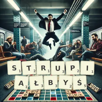 Kreatywna ilustracja do gry w Scrabble ze słowem STRUPIAŁBYŚ ułożonym z płytek na planszy.