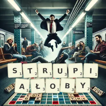 Kreatywna ilustracja do gry w Scrabble ze słowem STRUPIAŁOBY ułożonym z płytek na planszy.