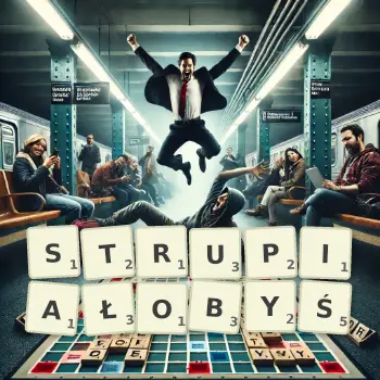 Kreatywna ilustracja do gry w Scrabble ze słowem STRUPIAŁOBYŚ ułożonym z płytek na planszy.
