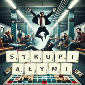 Kreatywna ilustracja do gry w Scrabble ze słowem STRUPIAŁYMI ułożonym z płytek na planszy.