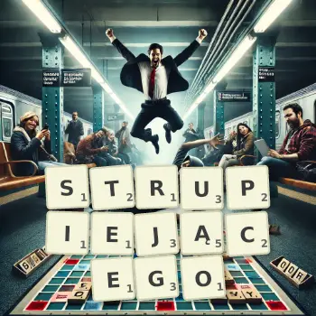 Kreatywna ilustracja do gry w Scrabble ze słowem STRUPIEJĄCEGO ułożonym z płytek na planszy.