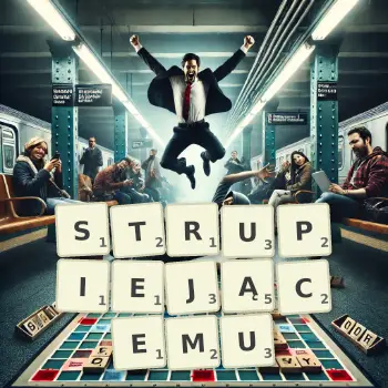 Kreatywna ilustracja do gry w Scrabble ze słowem STRUPIEJĄCEMU ułożonym z płytek na planszy.