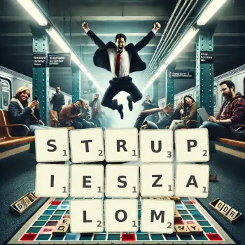 Kreatywna ilustracja do gry w Scrabble ze słowem STRUPIESZALOM ułożonym z płytek na planszy.