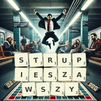 Kreatywna ilustracja do gry w Scrabble ze słowem STRUPIESZAWSZY ułożonym z płytek na planszy.