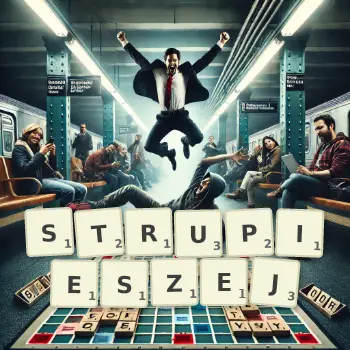 Kreatywna ilustracja do gry w Scrabble ze słowem STRUPIESZEJ ułożonym z płytek na planszy.