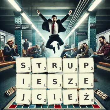 Kreatywna ilustracja do gry w Scrabble ze słowem STRUPIESZEJCIEŻ ułożonym z płytek na planszy.
