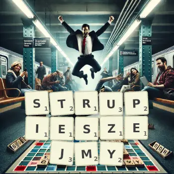 Kreatywna ilustracja do gry w Scrabble ze słowem STRUPIESZEJMY ułożonym z płytek na planszy.