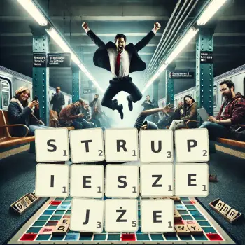 Kreatywna ilustracja do gry w Scrabble ze słowem STRUPIESZEJŻE ułożonym z płytek na planszy.