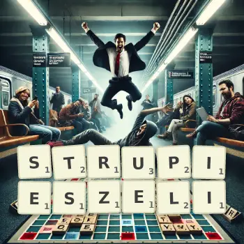 Kreatywna ilustracja do gry w Scrabble ze słowem STRUPIESZELI ułożonym z płytek na planszy.
