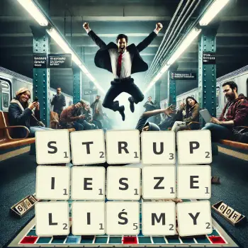 Kreatywna ilustracja do gry w Scrabble ze słowem STRUPIESZELIŚMY ułożonym z płytek na planszy.