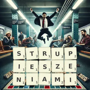 Kreatywna ilustracja do gry w Scrabble ze słowem STRUPIESZENIAMI ułożonym z płytek na planszy.