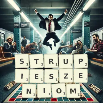 Kreatywna ilustracja do gry w Scrabble ze słowem STRUPIESZENIOM ułożonym z płytek na planszy.