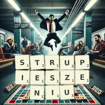 Kreatywna ilustracja do gry w Scrabble ze słowem STRUPIESZENIU ułożonym z płytek na planszy.