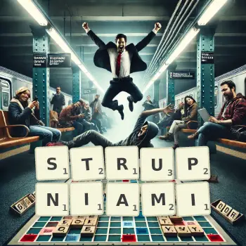 Kreatywna ilustracja do gry w Scrabble ze słowem STRUPNIAMI ułożonym z płytek na planszy.