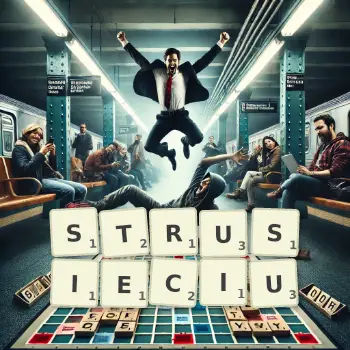 Kreatywna ilustracja do gry w Scrabble ze słowem STRUSIECIU ułożonym z płytek na planszy.